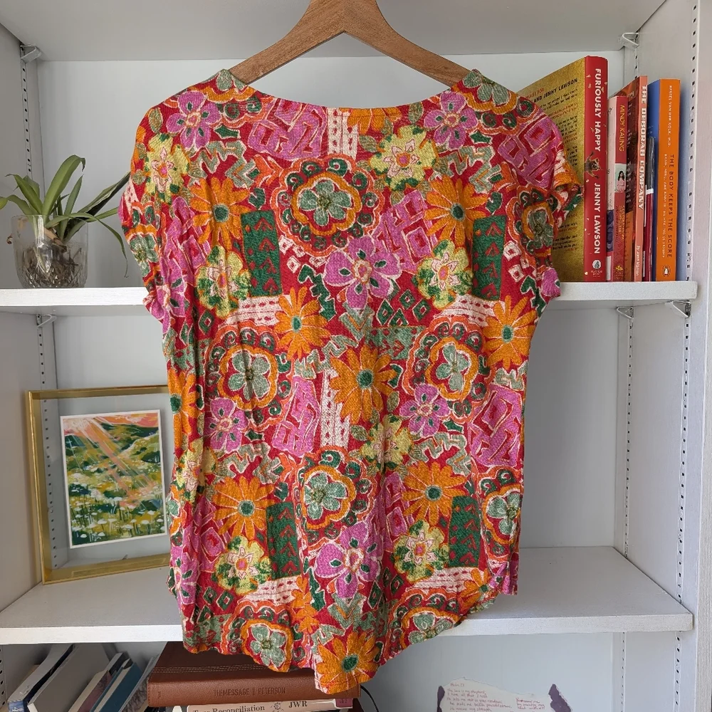 Nicole Miller Women's Top Linen Floral Short Sleeve Pink Orange Size Large Boho - Picture 5 of 7